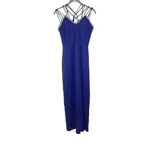 Vintage 90s Midnight Glo Strappy Cage‎ Blue Formal Dress Prom Rhinestone Slit 4